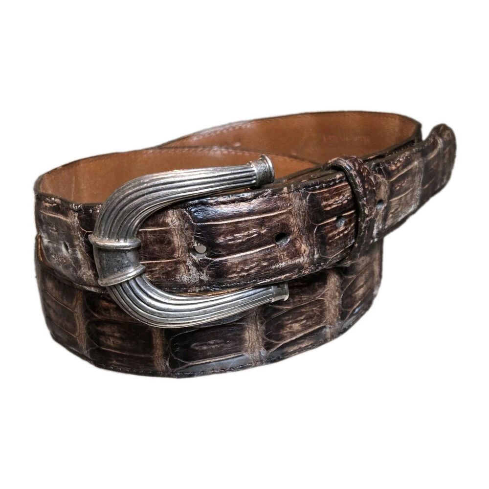 Pat Areias Genuine Caiman Crocodile Belt 925 Sterling Silver Buckle Mens Sz 38